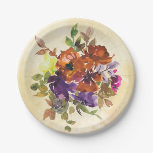 Assiettes En Carton Automne Floral Purple Bleu Brûlé Orange Aquarelle