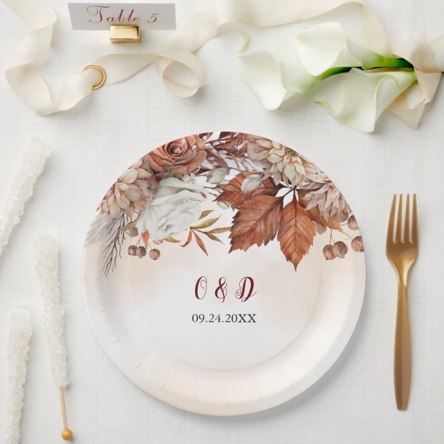 Assiettes En Carton Automne Hiver Rustique Brown Floral Mariage (Mariage)