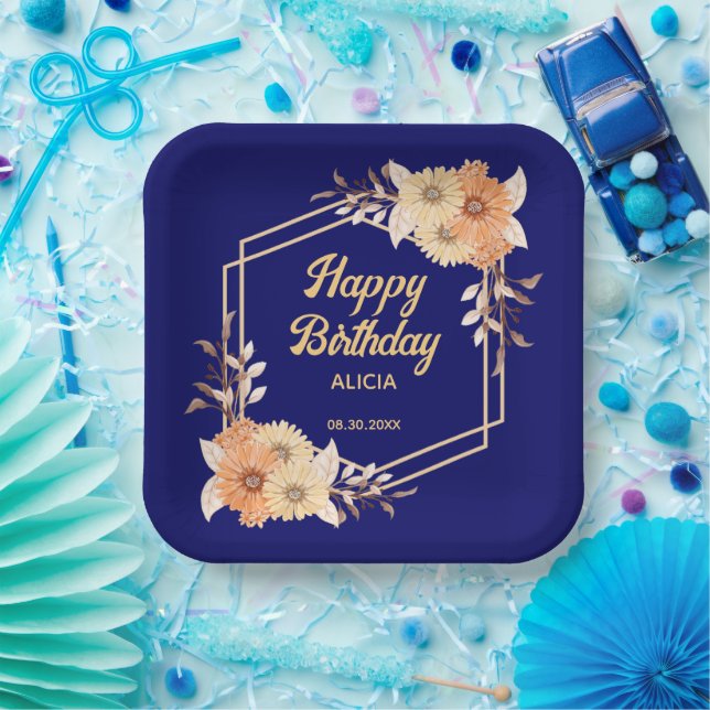 Assiettes En Carton Automne Orange Flower Gold Navy Bleu Joyeux annive (Fête)