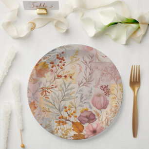 Assiettes En Carton Automne Pastel Floral Elégant Or Rose teintes