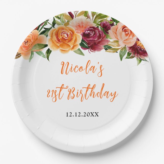 Assiettes En Carton Autumn Burgundy and Orange Floral Birthday (Devant)
