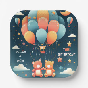 Assiettes En Carton Avec l'ours joint Hot Air Balloon Twins 1er annive