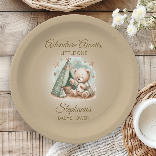 Assiettes En Carton Aventure Attend Genre Neutre Ours Bébé (Teddy bear "Adventure Awaits" baby shower paper plate)