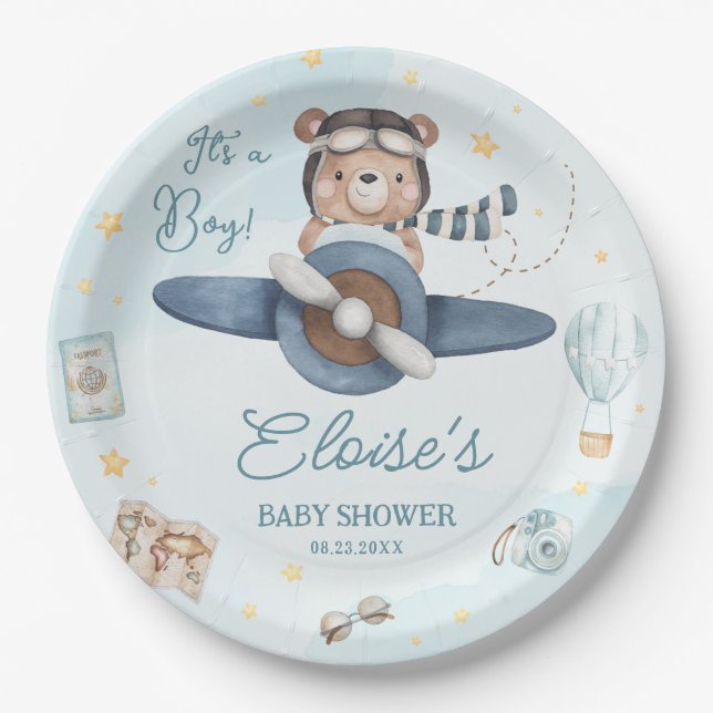 Assiettes En Carton Aventure mignonne Ours bleu Avion Oh Baby shower g (Devant)