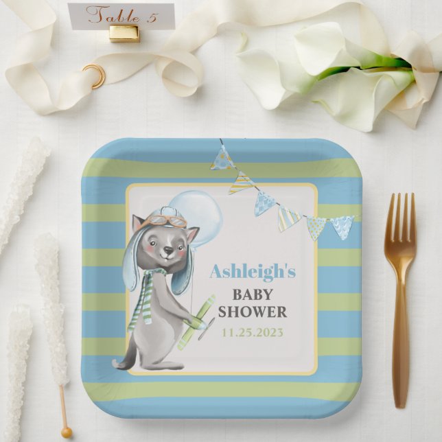 Assiettes En Carton Aviateur Wolf, Baby shower rayé (Mariage)