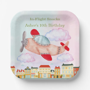 Assiettes En Carton Avion avec paysage urbain - Snacks en vol Annivers