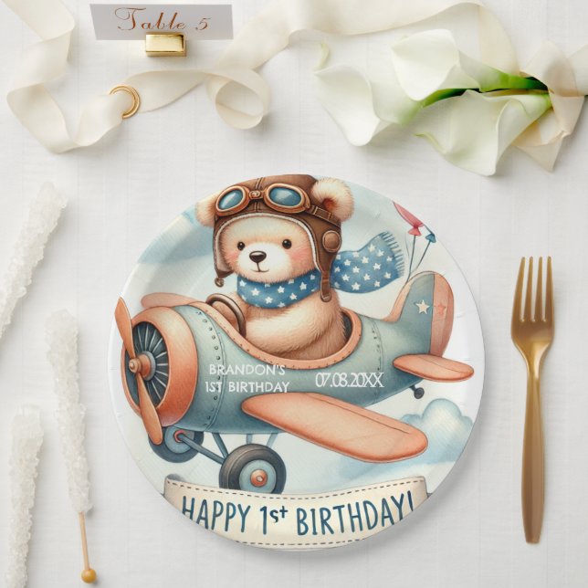 Assiettes En Carton Avion Boy Bear 1ère fête d'anniversaire (Mariage)