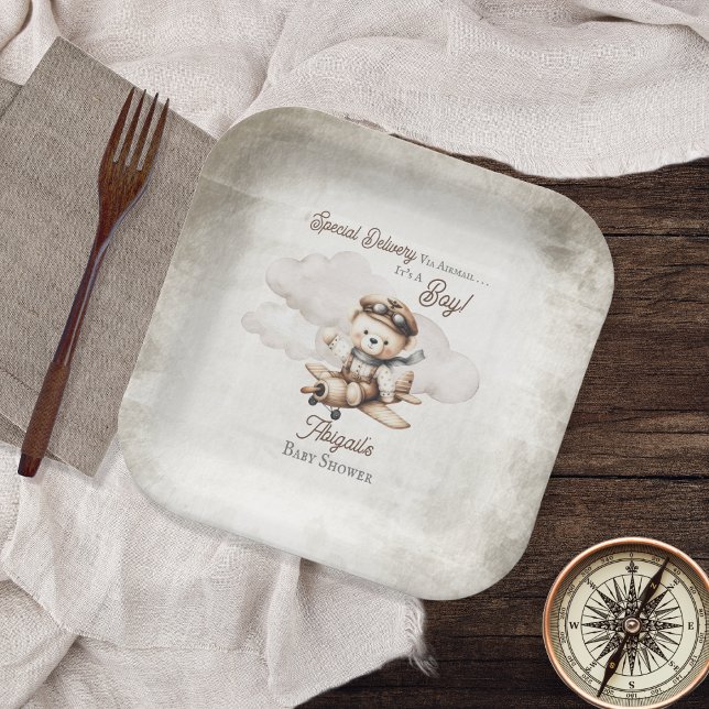 Assiettes En Carton Avion Teddy Bear Baby shower de livraison spécial (Cute "Special Delivery Via Airmail . . . It's A Boy!" Teddy Bear | Airplane Baby Shower Paper Plates)