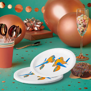 Assiettes En Carton Avions de dessin animé Vibrant orange et bleu