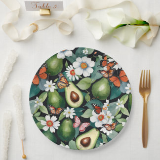 Assiettes En Carton Avocados et papillons Floral vert