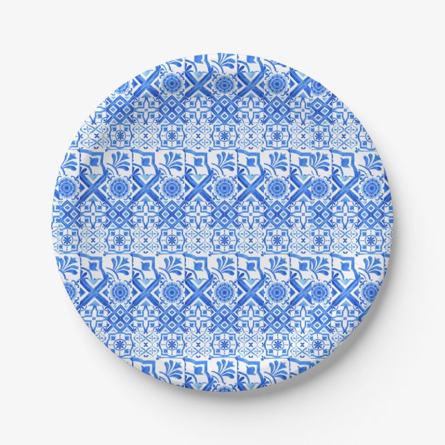 Assiettes En Carton Azulejo bleu et blanc Motif Azul espagnol (Devant)