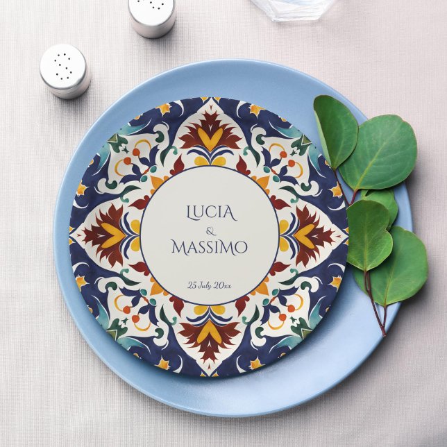 Assiettes En Carton Azulejo bleu méditerranéen mariage imprimé (Azulejo blue Mediterranean Morocco wedding monogram printed Paper Plates personalized table decor)