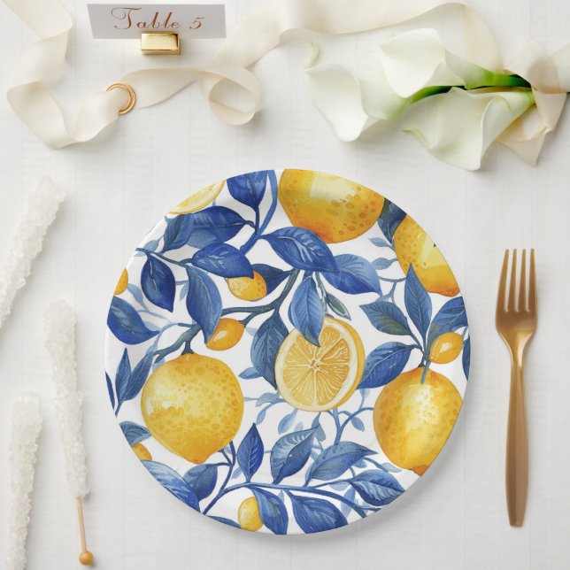 Assiettes En Carton Azulejo Lemons Motif Feuille bleu (Mariage)