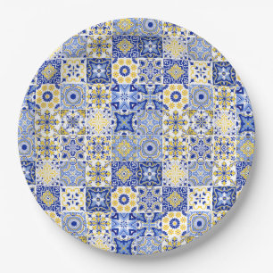 Assiettes En Carton Azulejo portugais majolique mosaïque bleu et jaune