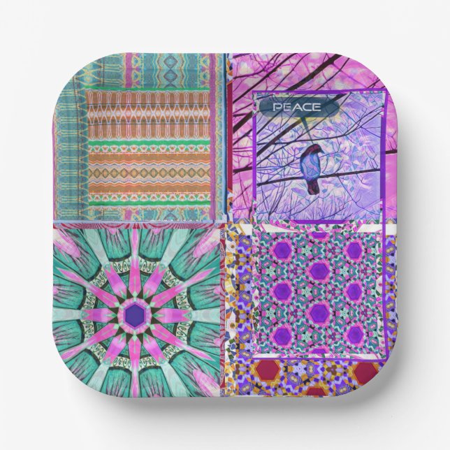 Assiettes En Carton Azulejos Carreaux géométriques avec Oiseau de Paix (Recto)