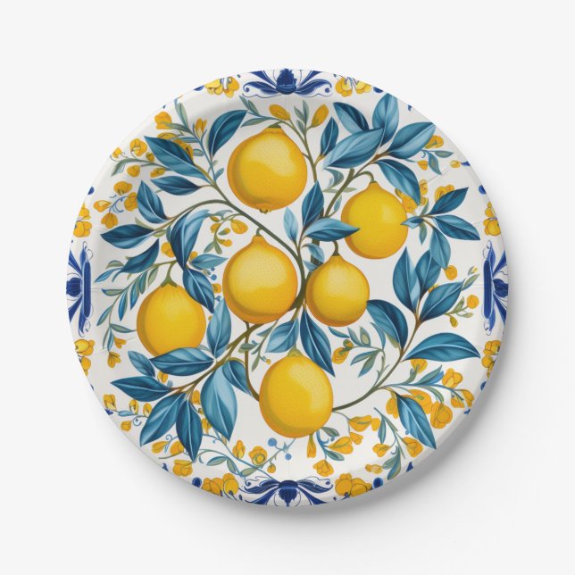 Assiettes En Carton 💙 💛 Azulejos Lemon Orchon Plaques de papier (Devant)