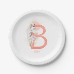 Assiettes En Carton B Monogramme Nom Herbe de la Pampa Orchidées Blanc