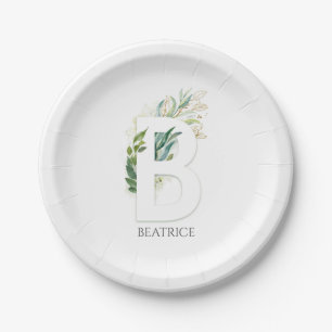 Assiettes En Carton B Monogramme Or Feuilles De Verdure Élégant