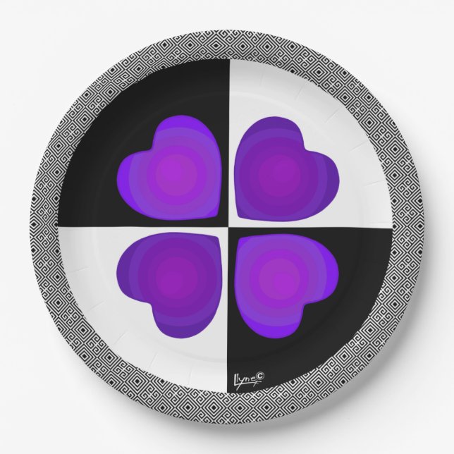 Assiettes En Carton B&W Purple Hearts Beating (Devant)