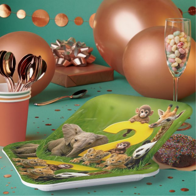 Assiettes En Carton Baby African Animals With a Big Number Two (Multi)