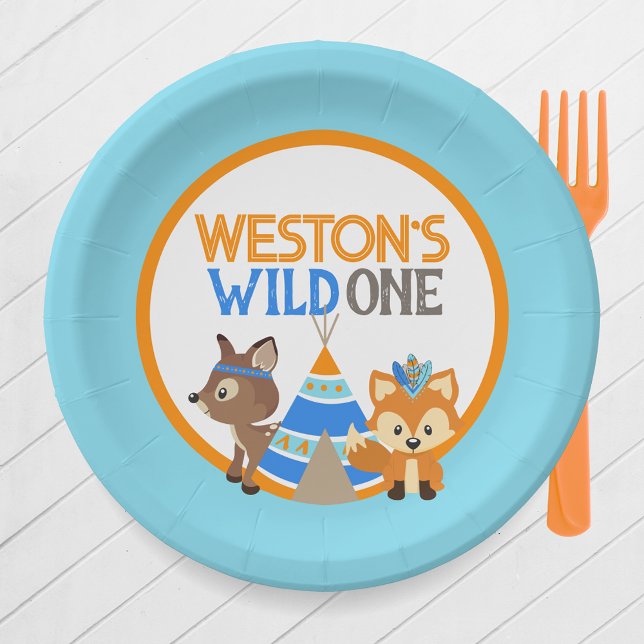 Assiettes En Carton Baby Blue Wild One Woodland Plaques de fête d'anni (Baby Blue One Happy Camper or Wild One First Birthday Party Plates. Featuring a Fox, Deer & Teepee)