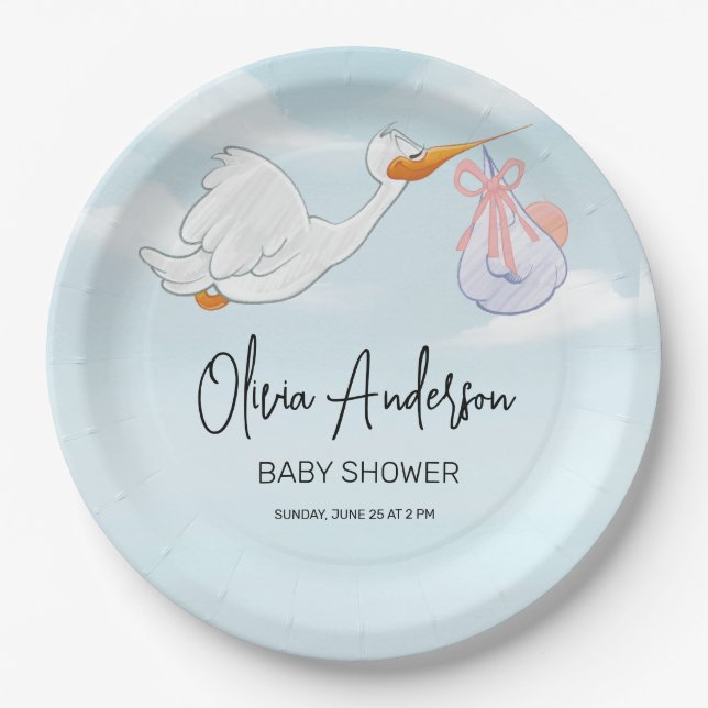 Assiettes En Carton Baby Boy Blue Stork Boho Baby shower Invitation (Devant)