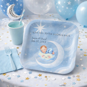 Assiettes En Carton Baby Boy Douche Invitation Lune Étoiles Aquarelle