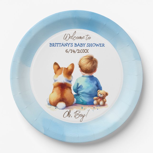 Assiettes En Carton Baby Boy et son Baby shower Corgi Puppy (Devant)