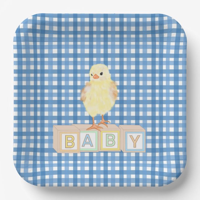 Assiettes En Carton Baby Boy Little Chick Blue En vichy (Recto)