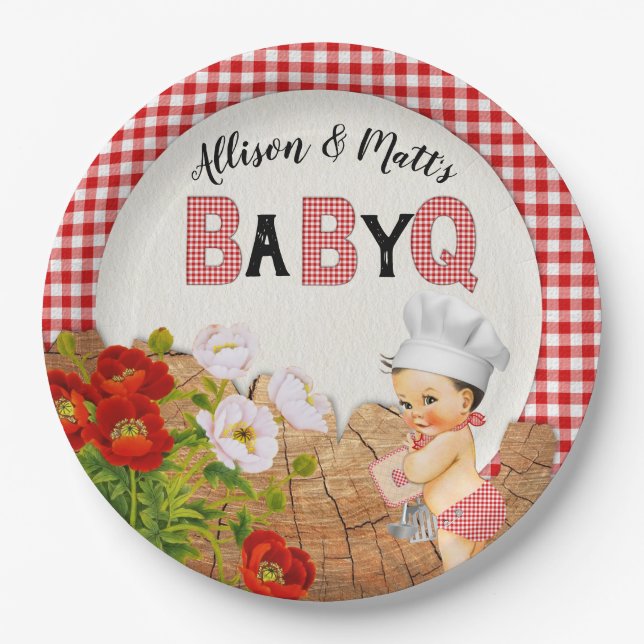 Assiettes En Carton Baby Boy Shower Red En vichy Baby Q Barbeque (Devant)