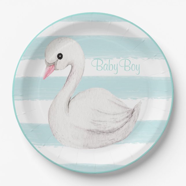 Assiettes En Carton Baby Boy Swan Baby shower de script bleu (Devant)