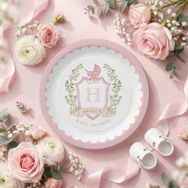 Assiettes En Carton Baby Carriage Crest Monogram | Pink Baby Shower (Créateur téléchargé)