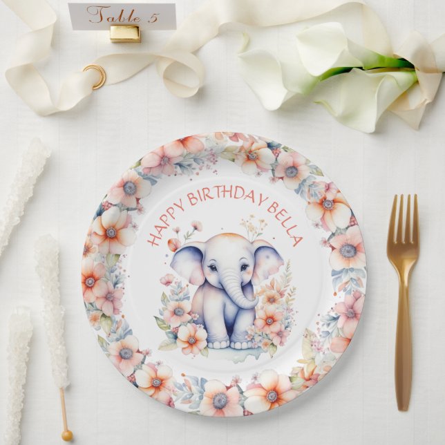 Assiettes En Carton Baby Elephant Fille d'anniversaire Personnalisé (Mariage)
