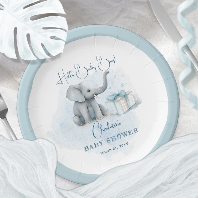 Assiettes En Carton Baby Elephant Hello Baby Boy Baby shower bleu (Créateur téléchargé)