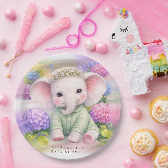 Assiettes En Carton Baby Elephant with Hydrangeas Baby Shower  (Fête)