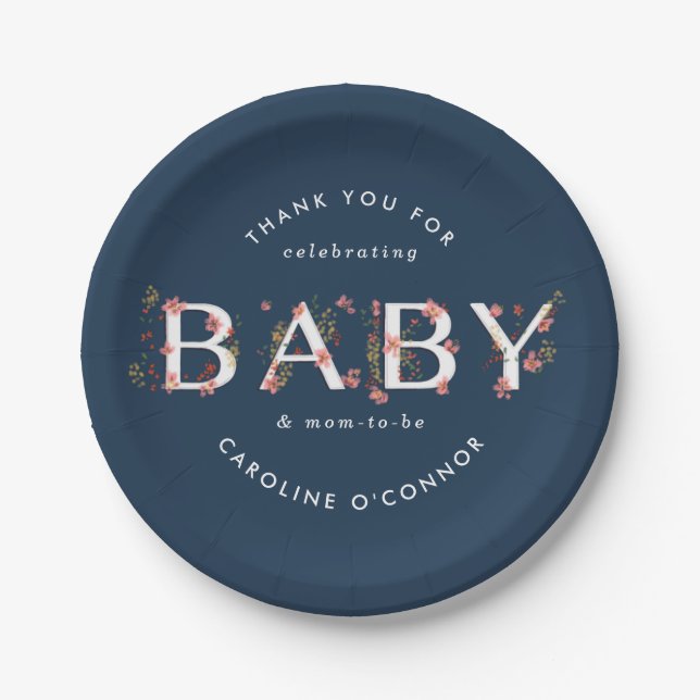 Assiettes En Carton BABY Floral Jardin Baby shower Bleu (Devant)