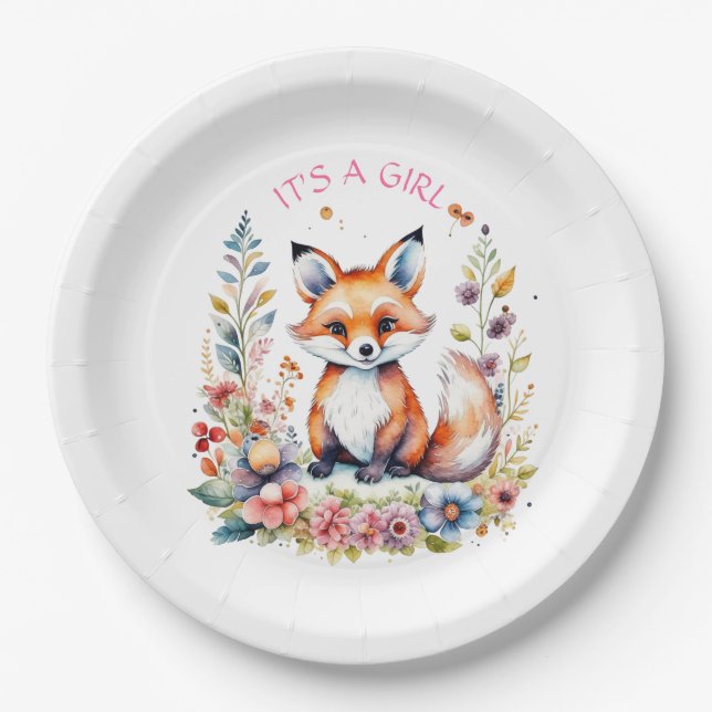 Assiettes En Carton Baby Fox in Flowers | Baby Shower It's a Girl (Devant)
