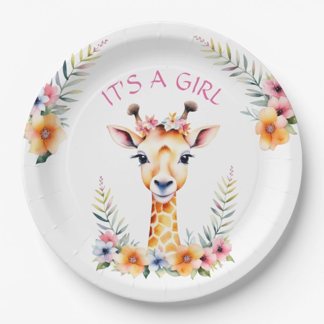 Assiettes En Carton Baby Giraffe Floral, C'est une fille | BABY SHOWER (Devant)