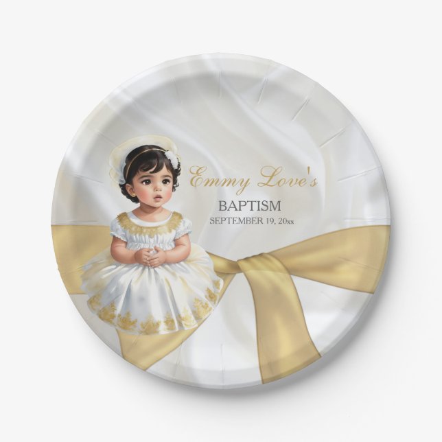 Assiettes En Carton Baby Girl Baptism Christening Blanc & Or (Devant)