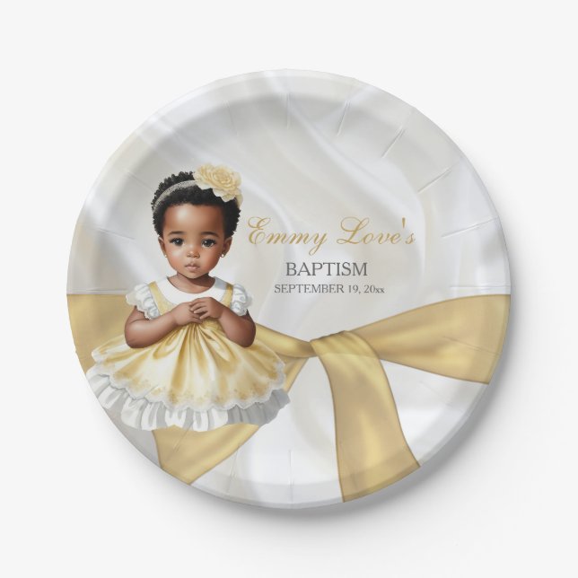 Assiettes En Carton Baby Girl Baptism Christening Blanc & Or (Devant)
