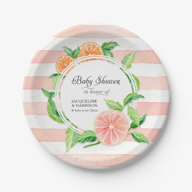 Assiettes En Carton Baby Girl Douche rose agrumes rayé Orange Art (Devant)