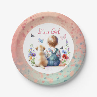 Assiettes En Carton Baby Girl et son chiot | C'est une aquarelle fille