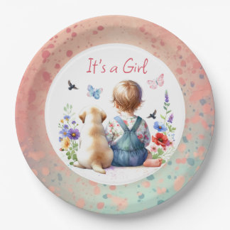 Assiettes En Carton Baby Girl et son chiot | C'est une aquarelle fille