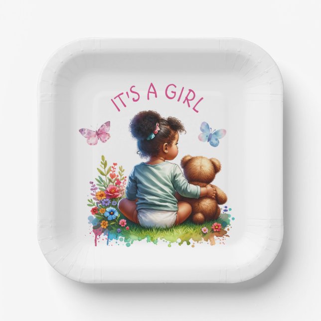 Assiettes En Carton Baby Girl et son ours en peluche | C'est une fille (Recto)