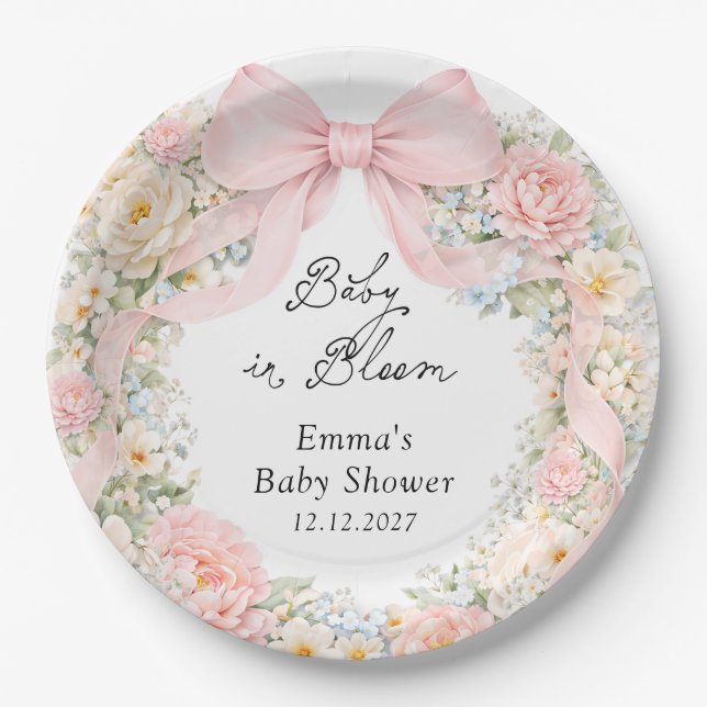 Assiettes En Carton Baby in Bloom Blush Pink Bow Floral Baby Shower (Devant)