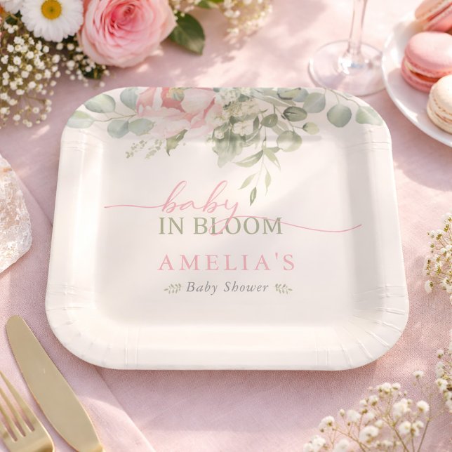 Assiettes En Carton Baby in Bloom Pink Floral Baby Girl Shower  (Baby in Bloom Pink Floral Baby Girl Shower Paper Plates)
