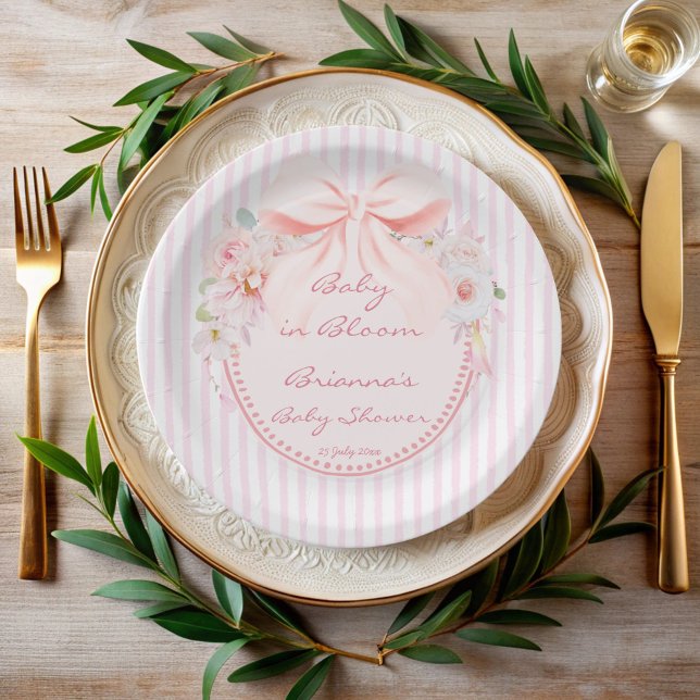 Assiettes En Carton Baby in bloom retro preppy bow baby shower (Baby in bloom preppy bow vintage pink stripes baby shower printed paper plates personalized decor)