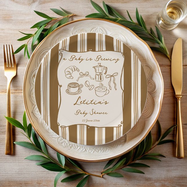 Assiettes En Carton Baby is brewing retro stripes coffee baby shower  (Baby is brewing vintage retro brown stripes coffee baby shower personalized printed paper plates)