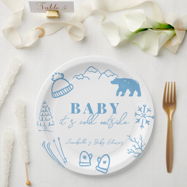 Assiettes En Carton Baby It's Cold Outside Hand-drawn Blue Baby Shower (Mariage)