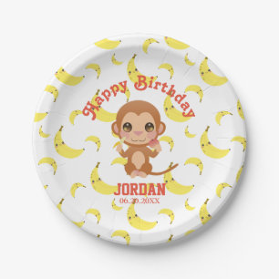 Assiettes En Carton Baby Monkey Banana Motif Joyeux anniversaire